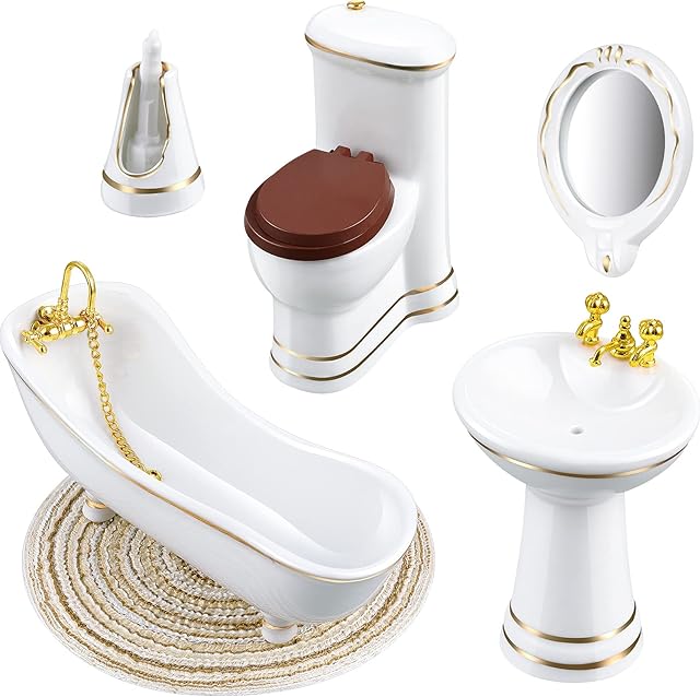 The Skylety 6 Pieces 1:12 Dollhouse Bathroom Set Porcelain Miniature Furniture Toys Ceramic Dollhouse Toilet Basin Bathtub Mirror Doll Bathroom Accessories