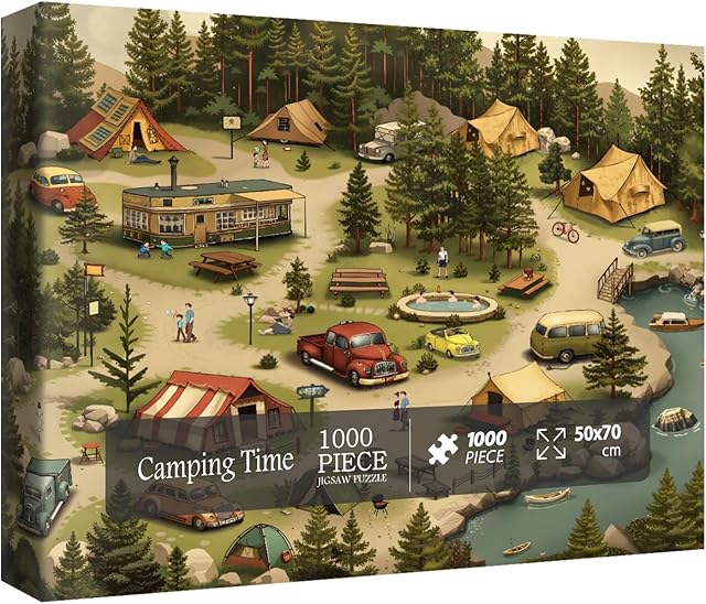 The Vintage Forest Camping Puzzle for Adults 1000 Pieces, Rv Outdoor Lake Scenic Jigsaw Puzzles, Cozy Nature Family Campsite Puzzle