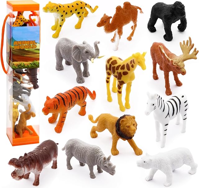 The 12 pcs Realistic Wild Jungle Animals Figurines Toys,Plastic African Jungle Animals Playset for Kids:Lion,Elephant,Giraffe-Ages 3