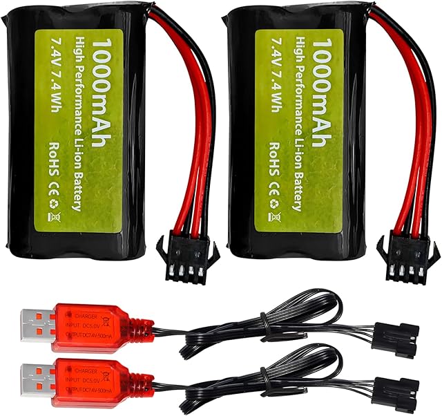 The sea jump 2PCS 7.4V 2S 1000mAh Li-ion Battery SM-4P Plug with USB Charging Cable Suitable for M416 Electric Gel Toy Gun EC16 DE85 RC Remote Control Toy Car Model Off-Road Vehicle Battery