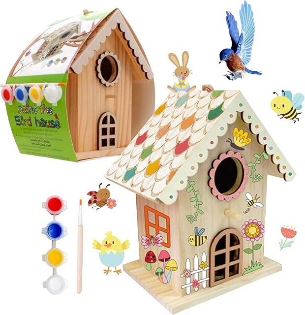 The DIY Wooden Birdhouse Painting Kit, Bird House to Paint Set,Wood Arts and Crafts for Children, Paint Your Own Bird Houses Set,Includes Paints & Brushes