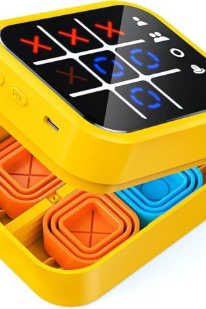 The Rechargeable Tic Tac Toe Game Box, Upgraded 5 Fun Brain and Memory Games, Compact Handheld Game Console, Portable Puzzle Travel Game Ideal Gifts for All Ages 3+ (Yellow)