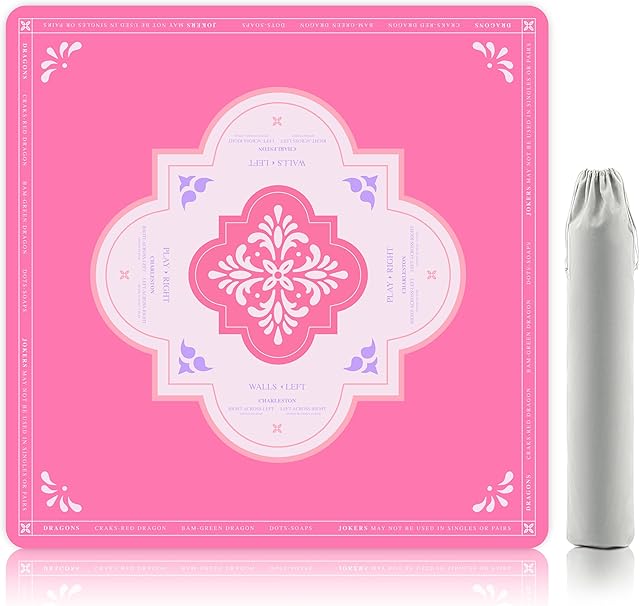 The Pink Mahjong Mat with Rules for Table(32.4x32.4 Inch) , American Mahjong Mat For Poker?Board Games?Card Games?Dominoes, Anti-Slip Rubber Backing & Noise-Reducing Surface, Includes Travel Bag