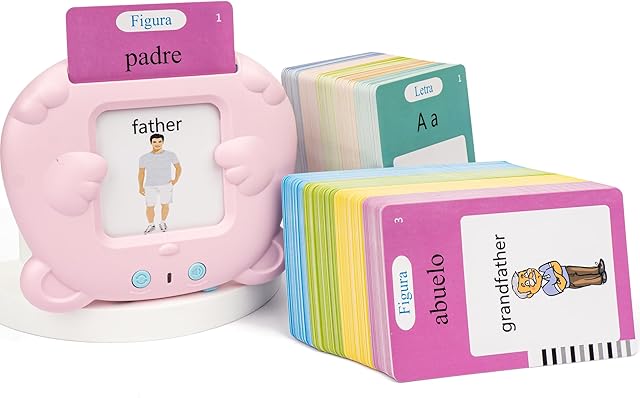 The Spanish Flash Cards, Spanish English Bilingual Flash Cards for Toddlers 2-6, Speech Therapy Toys Autism Toys, 510 Words (New ABC+123+ 3 Songs), Pink
