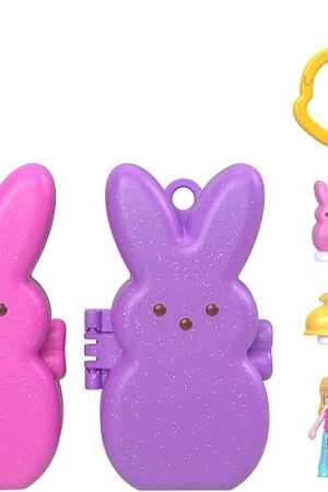 The Polly Pocket x Peeps, 6 Micro Dolls & 2 Playsets with 6 Themed Accessories & Clip Keychains, Travel Toy, Partnership Compact