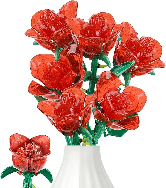 The Flower Bouquet Building Set, Botanical Collection Building Block Toy, Red Roses Artificial Flowers Home Plant Decor Birthday Gifts for Adults Women Boys Girls(Red 240PCS)