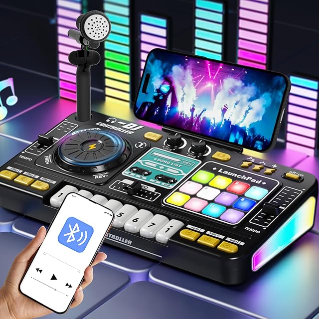 The Kids DJ Mixer Board Controller Toy Set with Turntable, Piano Keys, Microphone & Bluetooth - Musical Instrument Toy for Toddlers, Babies & 3-8 Year Old Boys & Girls - Birthday (Black)