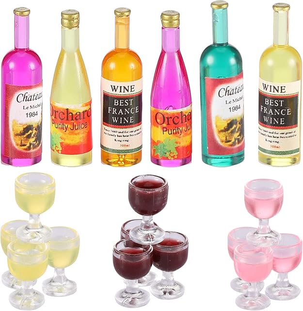 The Sumind 18 Pieces Dollhouse Wine Bottles Champagne Cups for Doll Miniature Glasses Goblet Cups Mini Miniature Drink Bottles Kitchen Accessories for Dollhouse Decors(Red Wine Style)