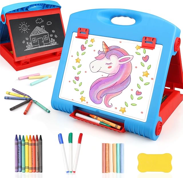 The STEAM Life Tabletop Easel for Kids Art Easel for Kids 3 4 5 Toddler Art Easel Board for Kids Chalkboard White Board for Kids Easel Set Dry Erase Board Portable Desktop Easel Painting Easel for Kids