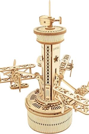 The ROKR 3D Wooden Puzzle for Adults Airplane Tower Music Box - DIY Mechanical Model Building Kit 10", Gifts for Boys/Girls/Parents/Family