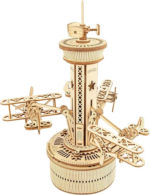 The ROKR 3D Wooden Puzzle for Adults Airplane Tower Music Box - DIY Mechanical Model Building Kit 10", Gifts for Boys/Girls/Parents/Family