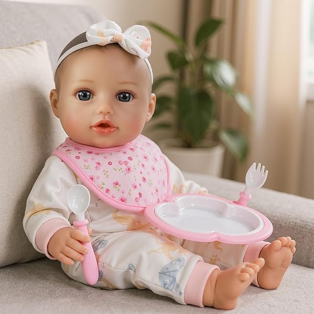 The SCOM First Baby Doll Girl - 16 inch Realistic Soft Doll with Accessories, Silicone Real Lifelike Baby with Cloth Body & Vinyl for Kids 3 4 5 6 + Year Old Gifts