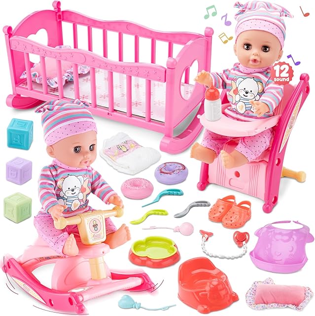 The 22pcs Toddler Baby Doll Accessories Set, Feeding and Caring Doll Toy Set with Cradle, Rocking Chair, Bottle, Plates, Preschool Baby Doll Birthday Gifts for Kids Ages 3 4 5 6 7 8 Year Old Girls