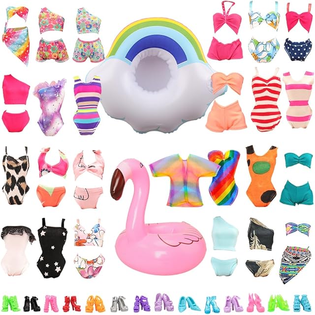 The BARWA 12 Items 5 Psc Swimsuits Bathing Clothes Bikini One Piece with 2 Pool Floaties with 5 Shoes for 11.5 inch Doll