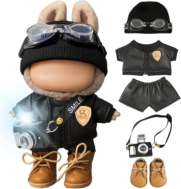 The Clothes for 17cm Labubu(No Doll) 6-Pcs Leather Jacket with Hat,Goggles,Flash Camera & Boots,Street-Style Accessories Compatible with Labubu 17cm 15cm