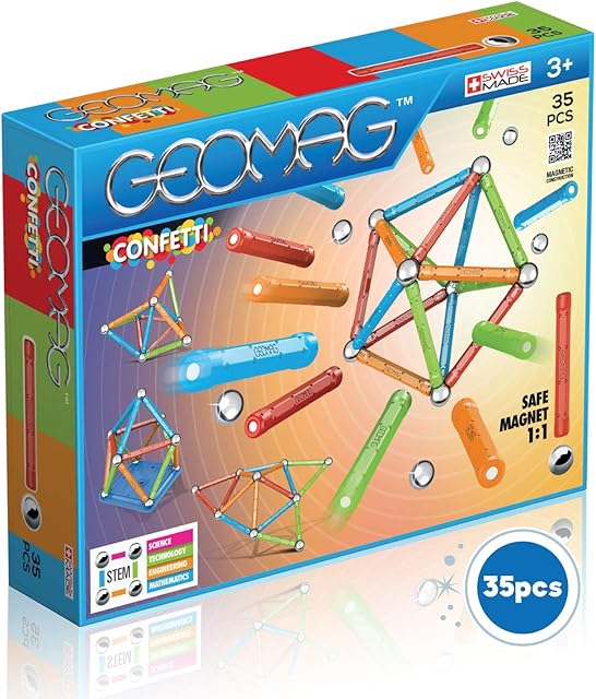 The Geomag Magnetic Sticks and Balls Building Set, Magnet Toys for STEM, Creative, Educational Construction Play, Swiss-Made Innovation, Classic 35 Piece Age 3+, Light Blue, Orange, Green, red, 351