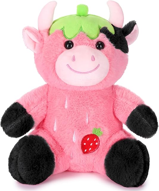 The HyDren Pink Cow Stuffed Animal 9. 8" Soft Cute Strawberry Plush Animal Toy Stuffed Cows Doll Birthday Gifts for Boys Girls Kids Toddlers