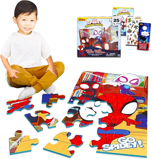The Spidey and His Amazing Friends Floor Puzzle Set - Bundle with 25 Piece Spiderman Foam Puzzle Plus Stickers, Tattoos, More | Spidey and Friends Jigsaw Puzzle for Kids