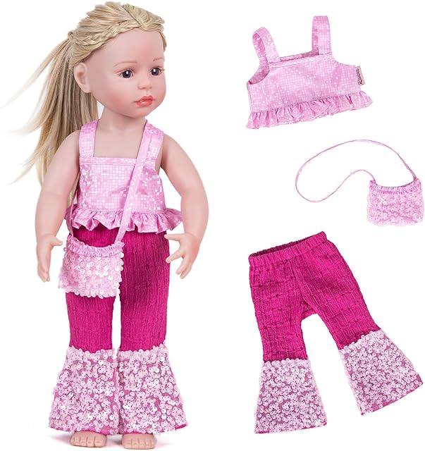 The Doll Clothes Accessories 3 Pcs Set, Pink Camisole Short Shirt Shoulder Strap Shirt & Flared Pants with Sparkling Sequins & Sequin Satchel Bag for 18" Girl Dolls (Doll Not Included)