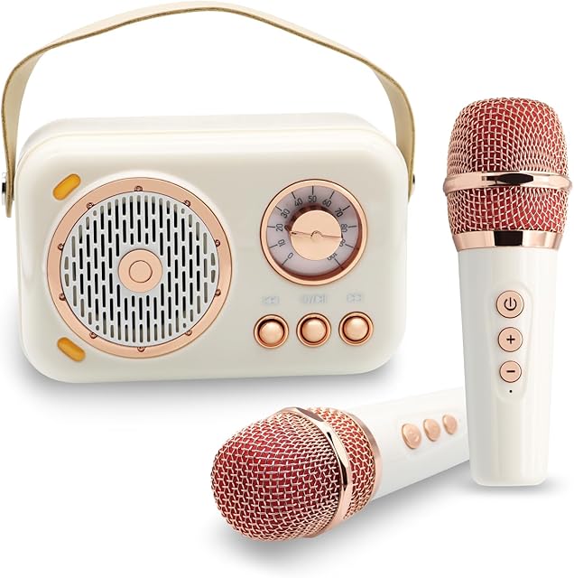 The Mini Kids Karaoke Machine with 2 Wireless Microphones, Portable Karaoke Machine Kids Birthday Gift, for Kids Age 5, 6, 7, 8, 9, 10,11+Year (Porcelain White)