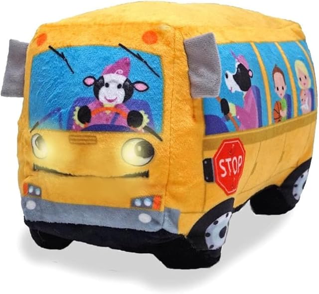 The Cuddle Barn | Wheelie 8" School Bus Singing Stuffed Animal Plush Toy | Mouth Moves and Eyes Light Up | Sings Wheels on The Bus