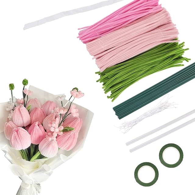 The 450pcs Pipe Cleaners Craft, 4 Colors Pastel Chenille Stems DIY Flower Making Kit Bulk with Floral Wires, Tape, Stamen & Ribbon Perfect for Bouquet Crafting Kids Activities Art Supplies Home Decor