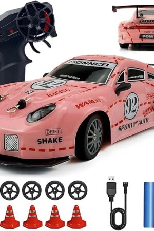 The RC Drift Car 2.4GHz 1:24 Scale 4WD High Speed Remote Control Cars Vehicle with LED Lights Two Batteries and Drifting Tires Racing Sport Toy Cars for Adults Boys Girls Kids Pink