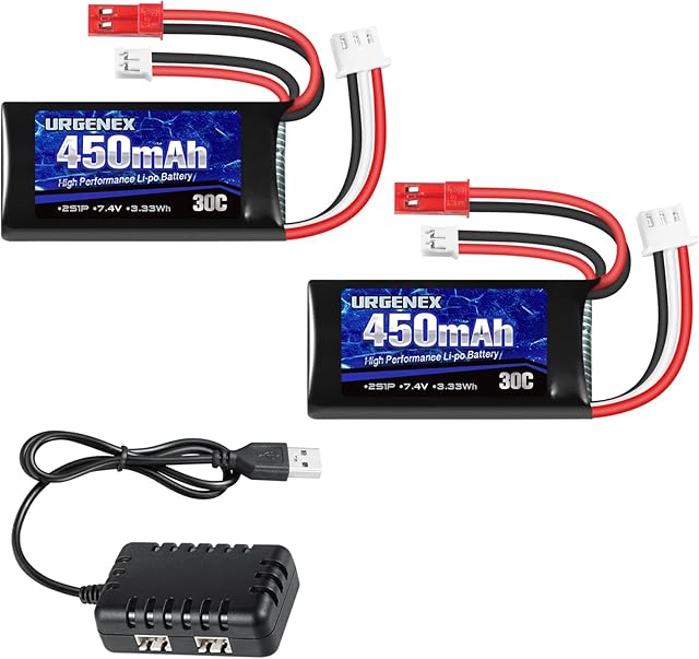 The URGENEX 7.4V Lipo 2S 30C 450mAh Rechargeable Lipo with JST & PH2.0 Plug SCX24 with 1to2 USB Charger Fit for Most 1/10, 1/16, 1/18, 1/24 Scale RC Car Truck and RC Drone Airplane
