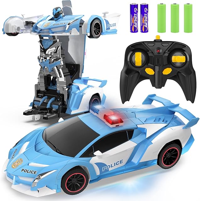 The FDJ RC Cars - Transform Remote Control Car, 2.4Ghz 1:18 Scale Transforming Police Car Toy with Flashing Light, One Button Deformation 360 Degree Rotating Drifting Kids Toys Car for Boys Girls