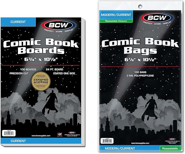 The BCW Resealable Current Comic Book Combo Pack | 100 Pack for Acid-Free Backing Boards & Resealable Bags | Comic Book Storage & Protection | Fits Current Comics | Archival Quality | Standard 6.88x10.5