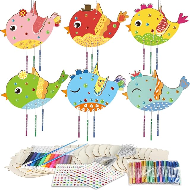 The gisgfim 12 Pack 3D Bird Wind Chime Craft Kit for Kids Make You Own Birds Wind Chimes Ornament Coloring Wooden Arts and Crafts for Kids DIY to Paint Bird for Spring Classroom Activity Supplies Gift