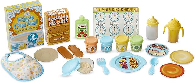 The Melissa & Doug Mine to Love Mealtime Play Set for Dolls with Bottle, Pretend Baby Food Jars, Snack Pouch, More (24 pcs)