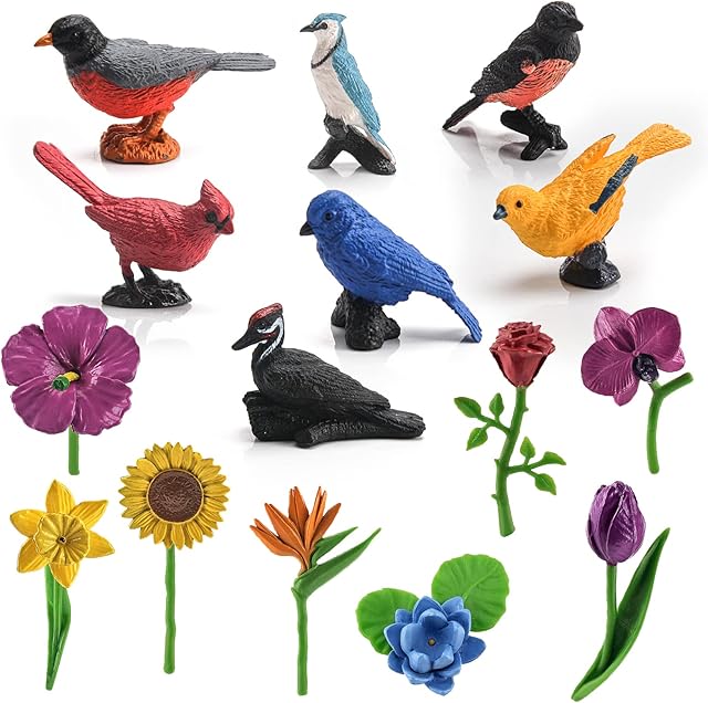 The Birds and Flowers Figures Playset Simulation Animal Birds and Plant Toy Set Early Educational Model Toys for Kids
