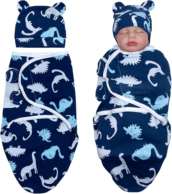 The Reborn Baby Doll Dinosaur Swaddle Blanket & Hat Set -100% Cotton and Machine Washable, Reborn Baby Doll Clothes Accessories fit 17-22 Inch Boy Dolls