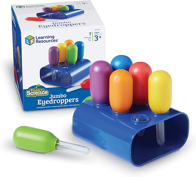 The Learning Resources Jumbo Colorful Eyedroppers - Set of 6 with Stand, Ages 3+, Science Class Tools, Preschool Science, Sensory Accessories,Droppers for Kids,Back to School Supplies