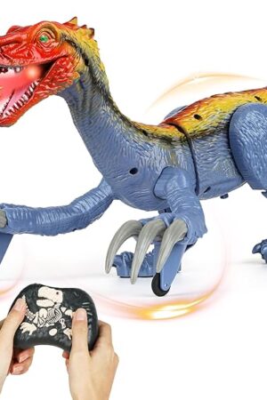 The Remote Control Dinosaur Toys for Kids - Big Electronic RC Walking Realistic Dinosaur Toys with Spray & Light & Roar, Jurassic Velociraptor Toy Christmas Birthday Gift for Boys and Girls 3-12 (Blue)