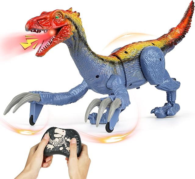 The Remote Control Dinosaur Toys for Kids - Big Electronic RC Walking Realistic Dinosaur Toys with Spray & Light & Roar, Jurassic Velociraptor Toy Christmas Birthday Gift for Boys and Girls 3-12 (Blue)