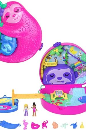 The Polly Pocket Playset & Travel Toy with 2 Micro Dolls & 12 Accessories, Animal Toy, Sloth 2-in-1 Purse Compact