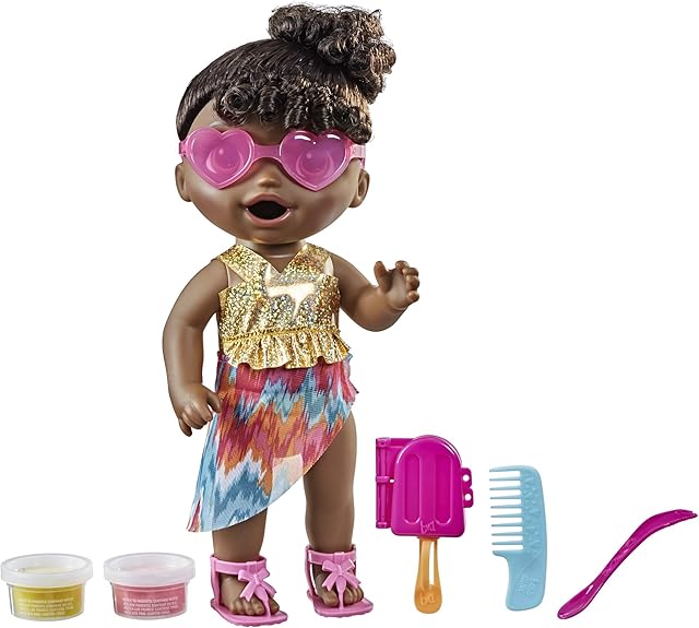 The Baby Alive Sunshine Snacks Doll, Eats and Poops, Summer-Themed Waterplay Baby Doll, Ice Pop Mold, Toy for Kids Ages 3 and Up, Black Hair