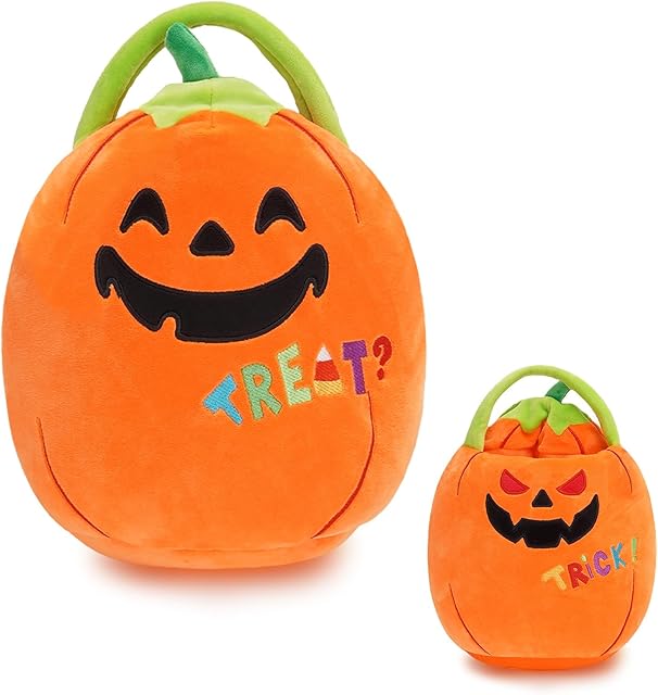The Halloween Plush Pumpkin Trick Or Treat Basket, Cute Pumpkin Stuffed Animal Candy Bucket, Halloween Party Favor Bags with Handles Plush Toys for Kids Toddlers Girls Boys