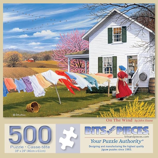 The Bits and Pieces - 500 Piece Jigsaw Puzzle for Adults - 18" x 24" - On The Wind - 500 pc Countryside Laundry Line Jigsaw by John Sloane