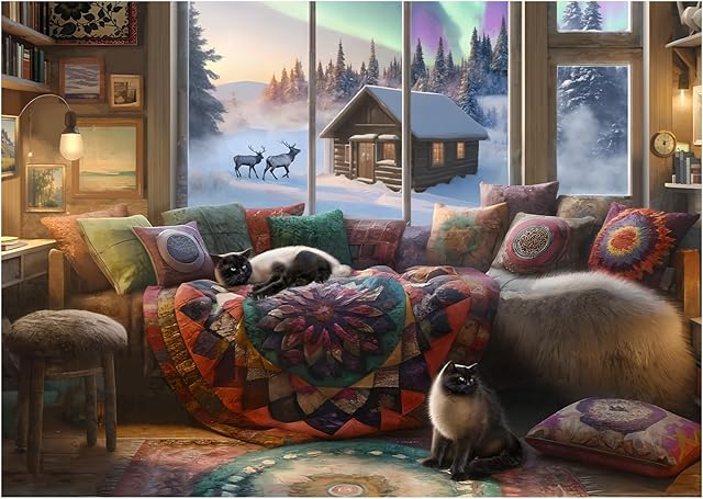 The Rocorose Puzzles for Adults 1000 Pieces, Iceland Aurora Christmas Puzzle, Challenging Nature Jigsaw Puzzle Winter Snow Scene Animal Cats Large Puzzles Game