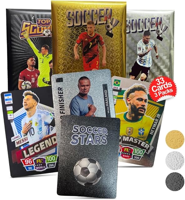 The Soccer Trading Cards 2025-26 | 3 Packs - 33 Collectible Cards for Fans & Players Black, Gold & Silver Soccer Mystery Cards Packs Different Cards in Each Set - Try & Collect Them All