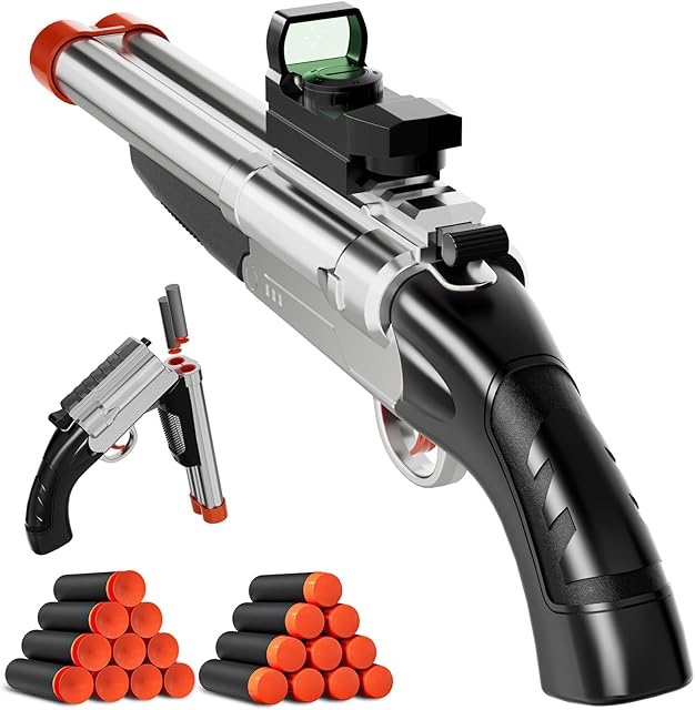 The Double-Barrel Shotgun Toy Gun Silver - Soft Bullet Shell Ejecting Pistol Pop Dart Mini Gun Foam Blaster Sniper Rifle Kids 6+ Boys Ages 7 8-12 Teen Adults Red Dot Scope Outdoor Pump Action Hunting Game