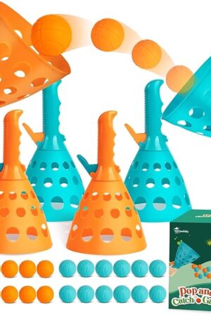 The punkdog Pop and Catch Ball Game with 24 Balls and 4 Catch Launcher Baskets - Outdoor Indoor Game Activities, Christmas Beach Sport Summer Beach Toys for Kids Ages 4 5 6 7 8 10 12+