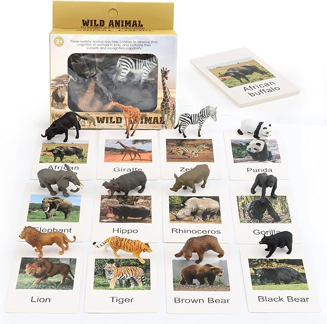 The Small Montessori Animal Figures with Flash Cards, Realistic Animal Figurines Toys, Montessori Materials Homeschool Preschool Science Educational Matching Game for Toddler Kids (Zoo)