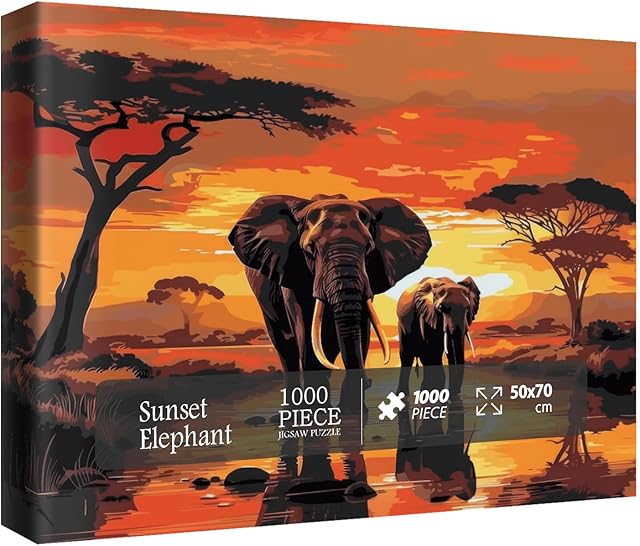 The Sunset Elephant Puzzles for Adults 1000 Pieces, Nature Wildlife Scenic Jigsaw Puzzles, African Animal Art Puzzles