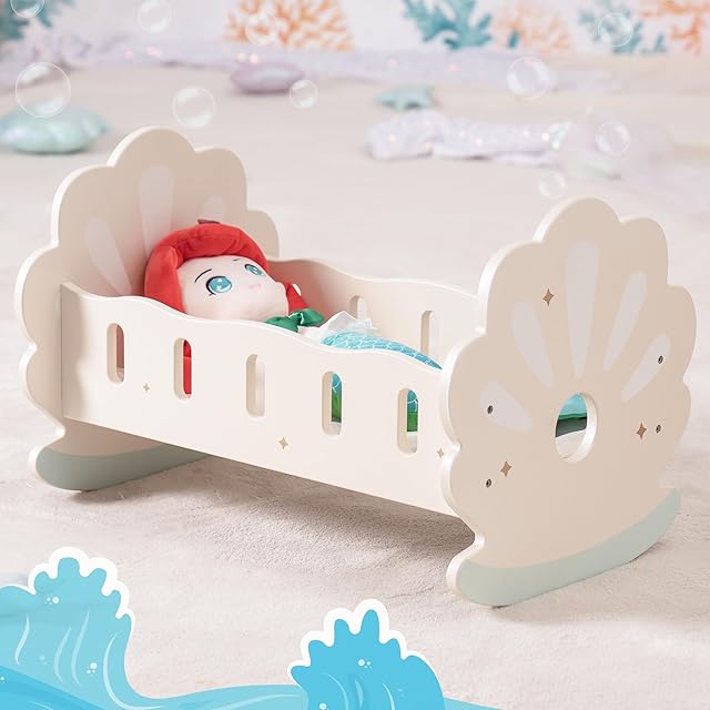 The ROBOTIME Baby Doll Crib, Baby Doll Bed, Doll Rocking Cradle Baby Doll Accessories Furniture with Bedding for 18 inch Dolls (Seashell)