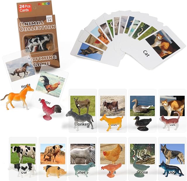 The MEROCO 24pcs Farm Animal Flash Cards for Toddlers with Figurines Animal Matching Game Learning Cards Travel Game Preschool Learning Science Toys for Kids Plastic Materials