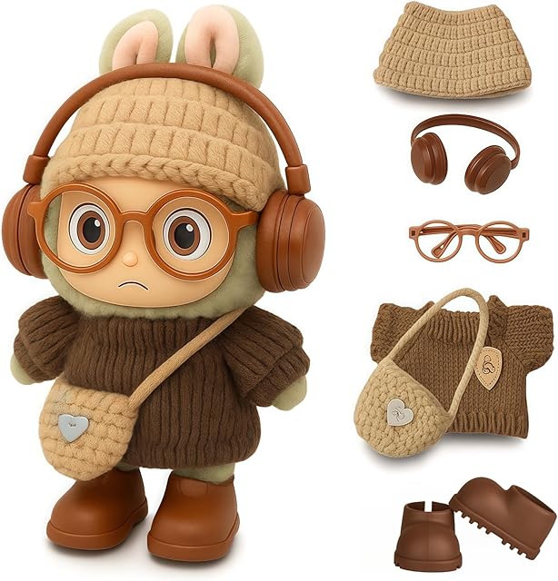 The 17cm Doll Clothes – 6-Piece Outfit Set with Sweater, Hat, Bag, Glasses, Shoes & Headphones – Handmade Clothing & Accessories for Mini Dolls – Doll Not Included